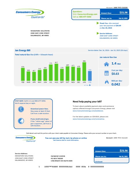 USA Michigan Consumers Energy business utility bill template in Word and PDF formats